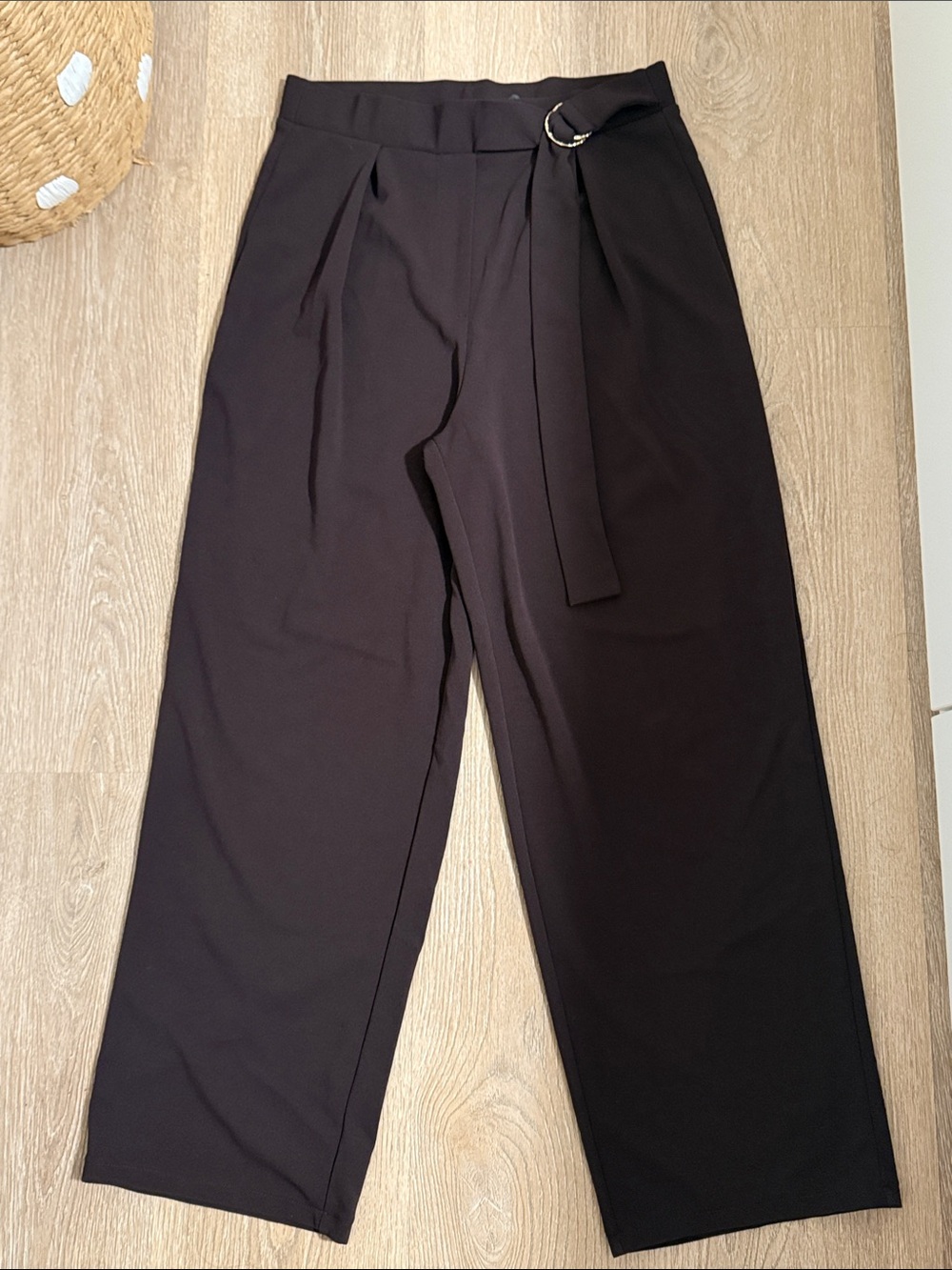 H&M Brown Wide-Leg Black High-Waist Belted Pants
